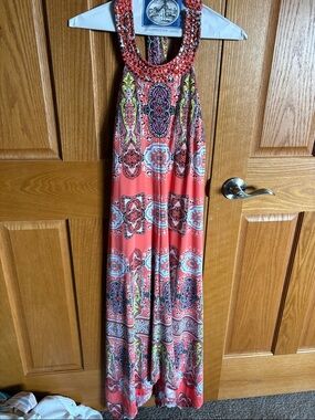 INC International Concepts Coral Paisley Beaded Halter Maxi Dress